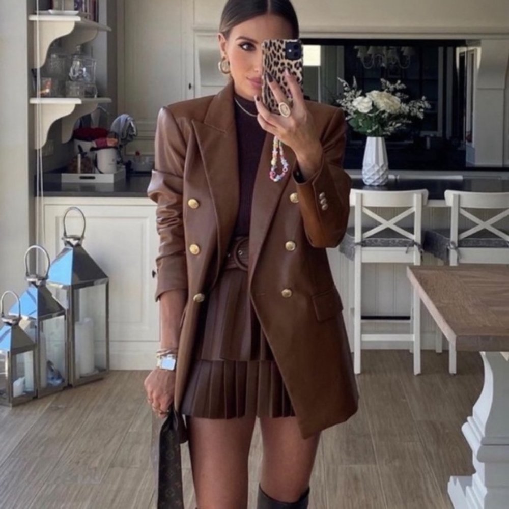 NWT ZARA PLEATED FAUX LEATHER SKIRT WHISKY 3046/328 - Picture 3 of 13